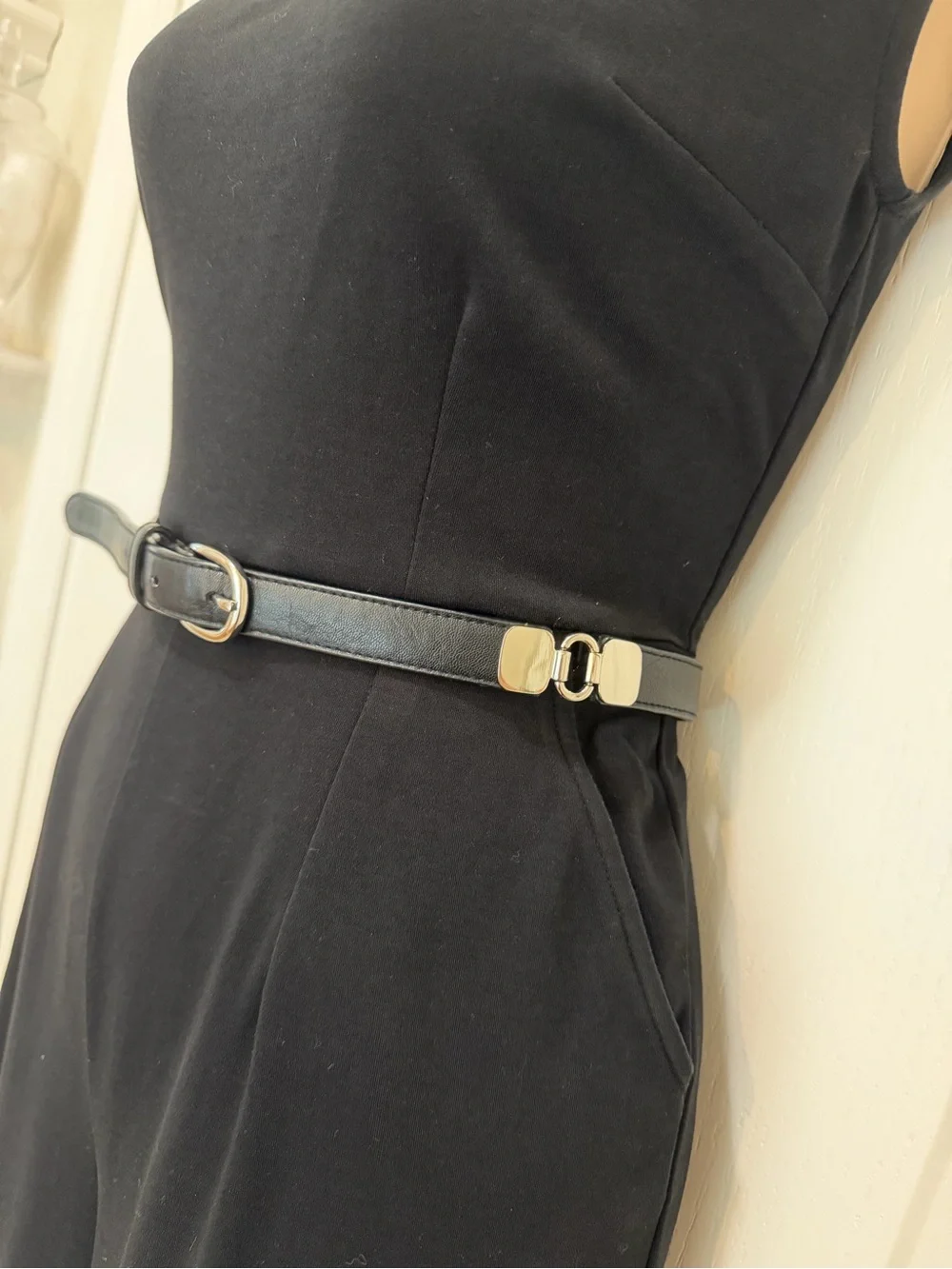 Chaps from Ralph Lauren Thin Black Leather Belt with Silver Hardware, Size M